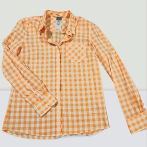 Patagonia Women Table Cloth Orange White Plaid Button Up Collared Shirt Size 4